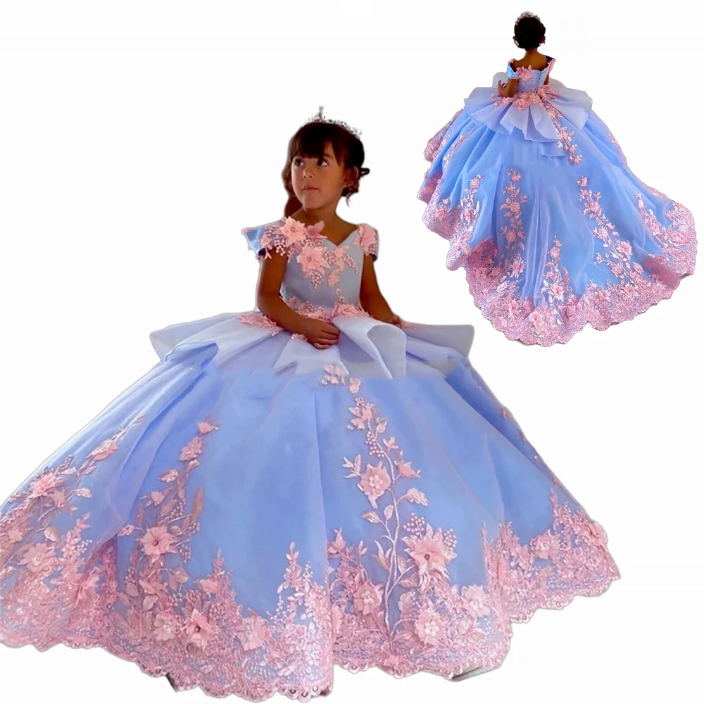 

Luxury Blue Flower Girl Dress Luxury for Wedding Baby Princess Ball Dresses Appliques Off First Communion Evening Gown