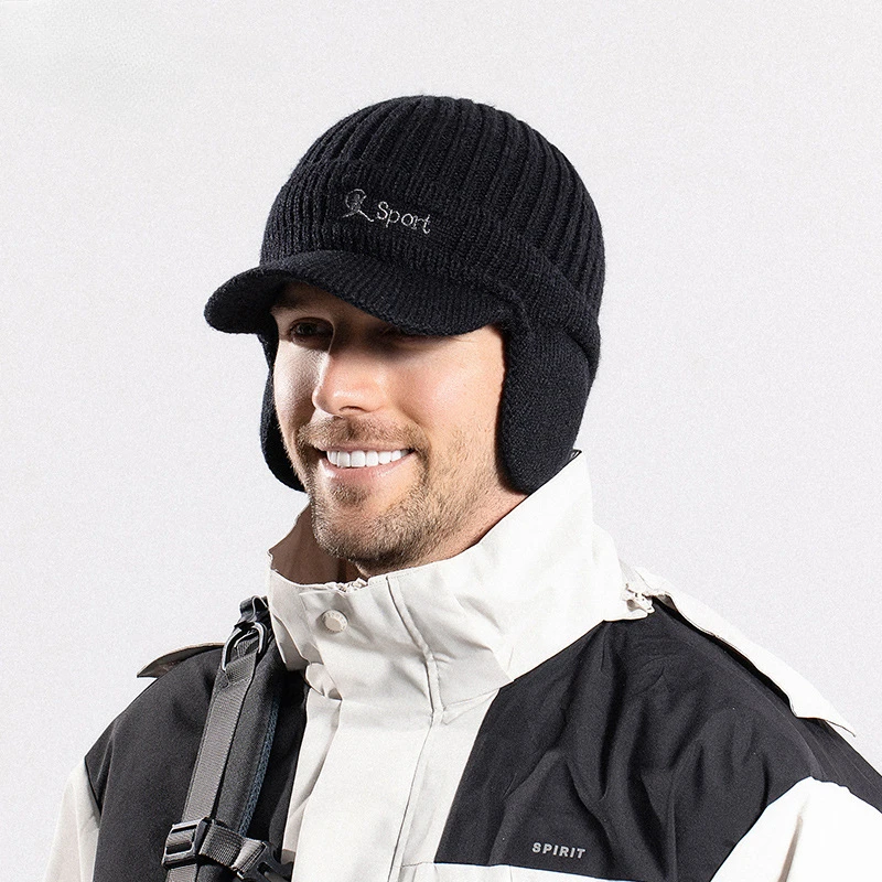 1pc Winter Men's Earmuffs Thickened  Knitted Wool Warm Pullover Cap For Outdoor Cycling