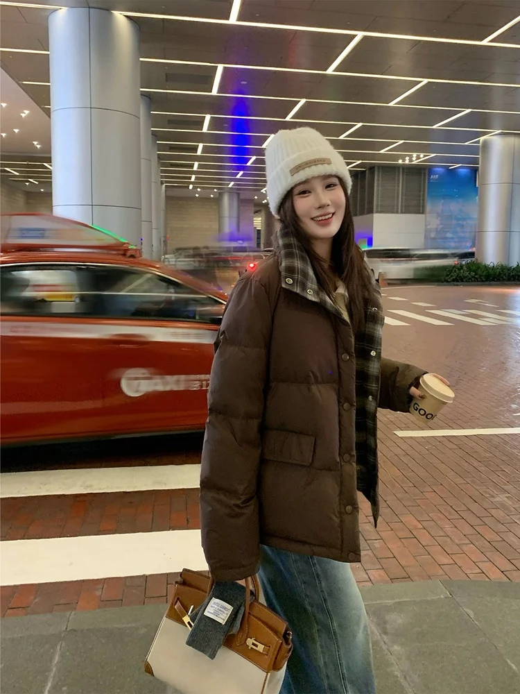 

plus Size Women's ort Du down Jaet Patchwork Plaid Warmth Flap Collar Long Sve Casual Sle Chinese New National Sta...