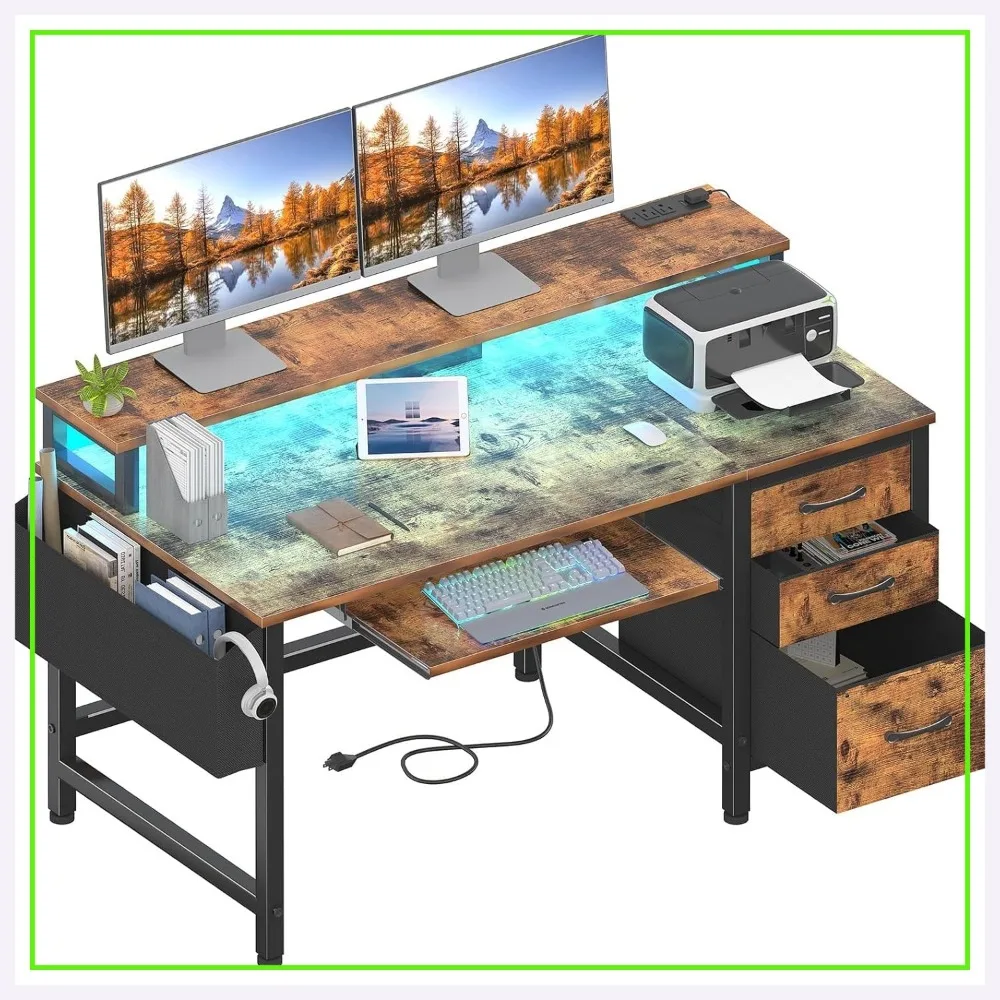 

47" Gaming Desk with LED Lights & Power Outlets, Keyboard Tray, File Drawer, Monitor Stand, Rustic Brown