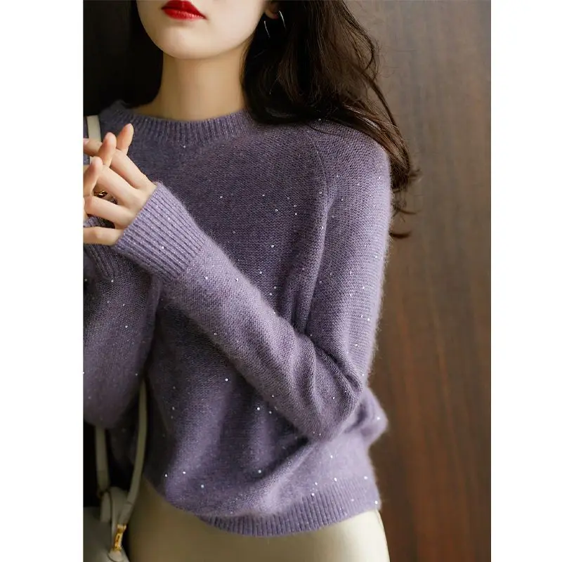 Fashion O-Neck Korean Solid Color Sequined Sweaters Women Clothing 2024 Spring New Loose Knitted Commuter Pullovers Casual Tops