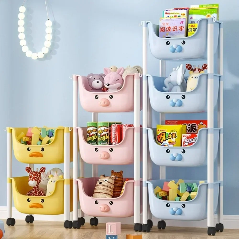 Kitchen Storage Cart Cartoon Bookshelf Trolley Snacks Book Sorting Rack 4-Tier Multi-Functional Household Mobile Storage Cart