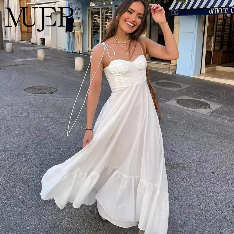 MUJER Witte Slip Lange Jurken voor Vrouwen Geplooide Maxi Jurk Vrouw 2025, Sexy Backless Damesjurken Semi Sheer Strand Vrouwelijke Jurk