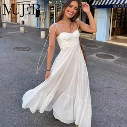 MUJER White Corset Dress Woman Ruffle Slip Long Dresses For Women 2025 Sleeveless Backless Dress Summer Sexy Holiday Dresses