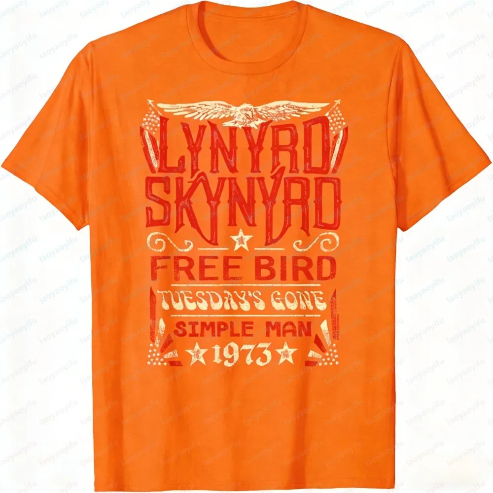 Summer Fashion Men Round-neck Printed Shirt Lynyrd Skynyrd Free Bird Simple Man Vintage Rock Band Print Soft Cotton Casual Shirt