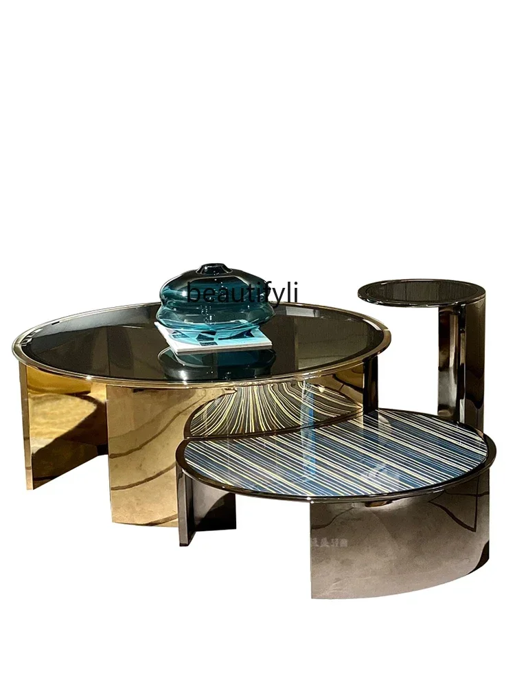 C85 Coffee Table Light Luxury Modern Living Room High-End Designer Stainless Steel round Tempered Glass Combination