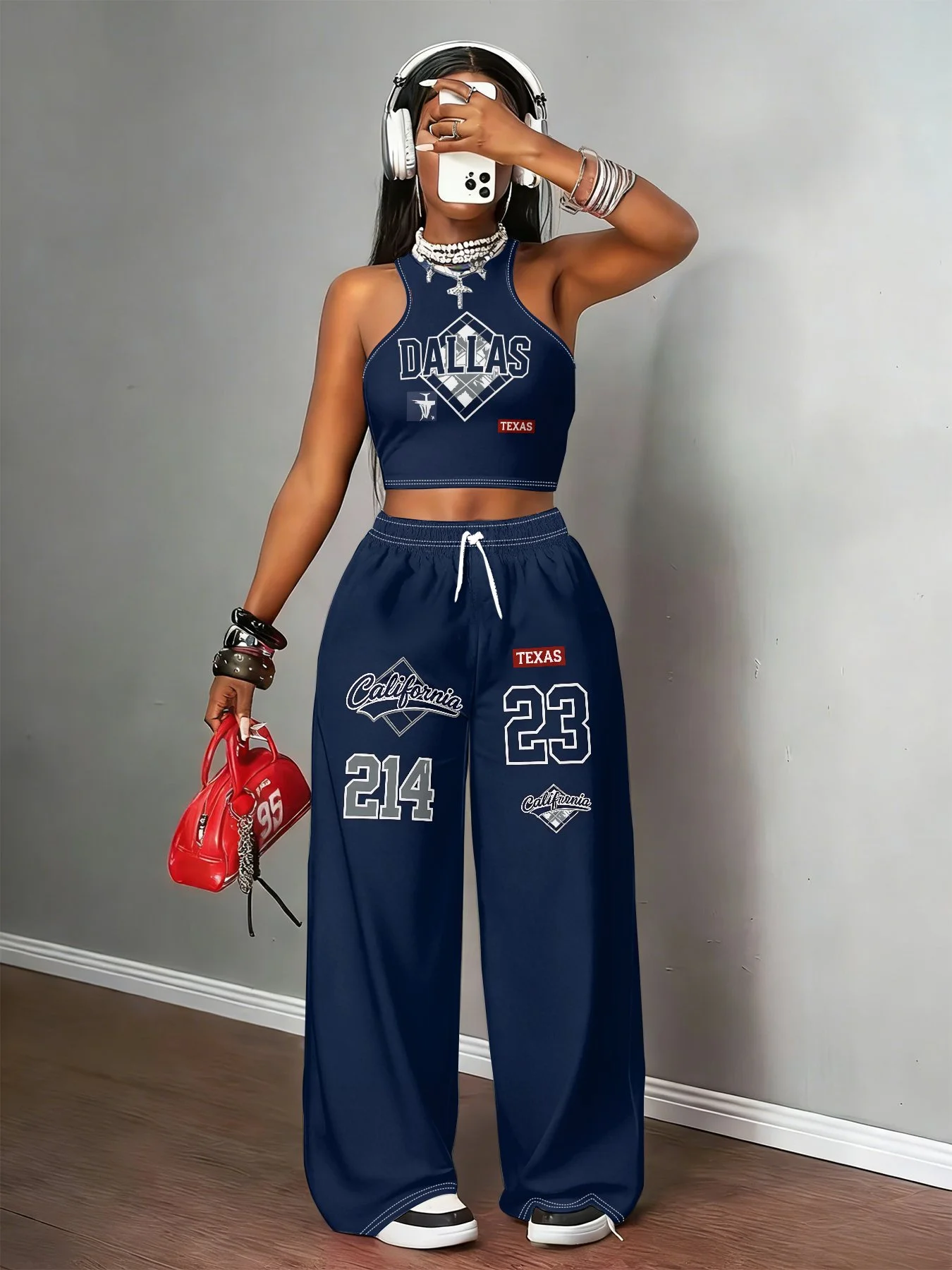2026 Summer Kids Quick Dry Loose Pants Navy Blue American City Print Drawstring Elastic Waist Fashion Casual Streetwear Trousers