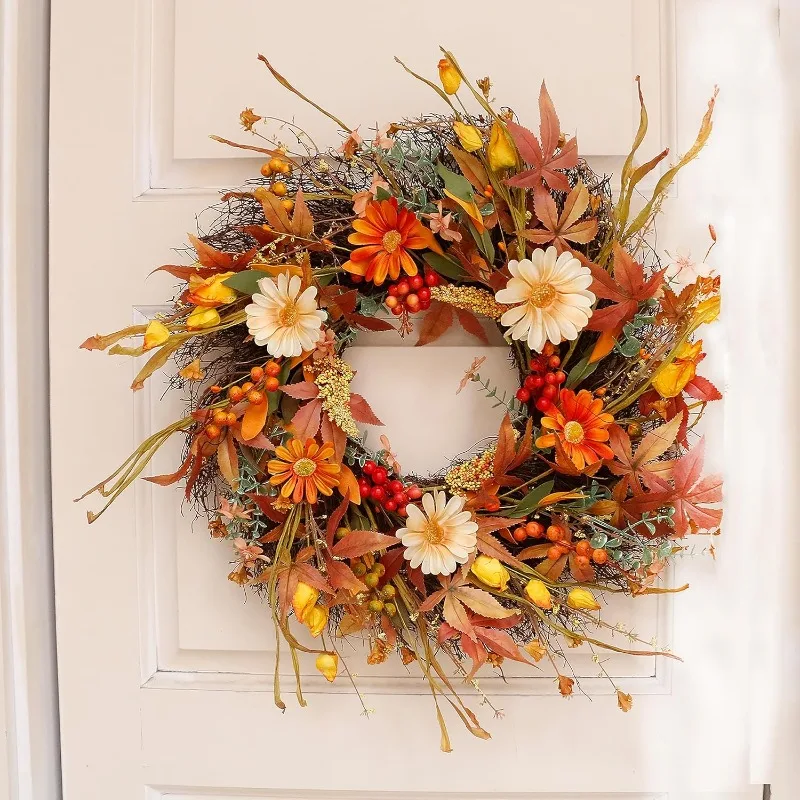 

Fall Wreath 24 Inches Large Farmhouse Autumn Harvest Wreaths with Straw Wheat Maple Leaves Grain Holly Berries Yellow Daisies