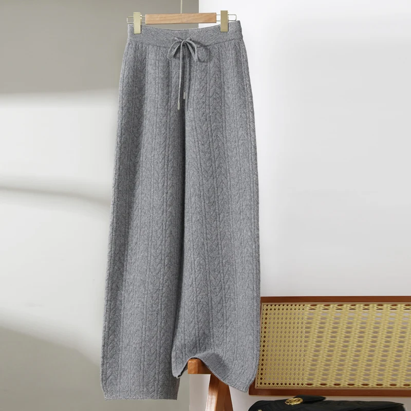 

New Autumn Winter Women 100% Merino Wool Pants High Quality Diamond Shaped Jacquard Thick Wide Leg Pants