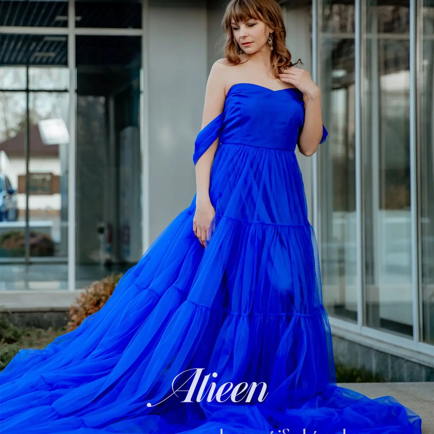 Aileen Blue Off the Shoulders Long Tail Corset Wedding Party Dress Women Eleganckie luksusowe sukienki Quinceanera na formalne okazje