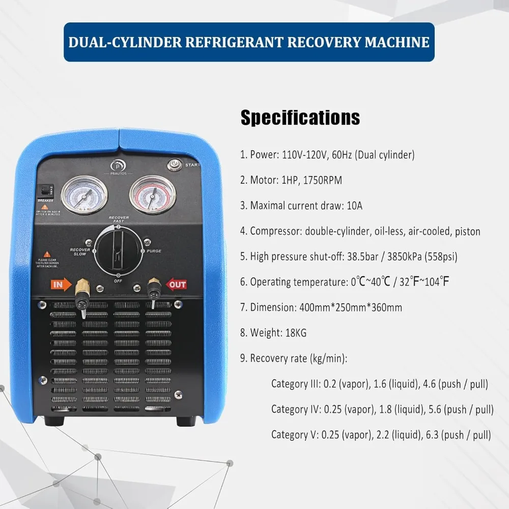 1HP Dual Cylinder R1234YF R32 Refrigerant Recovery Machine, 110V-120V Portable Oil-Less Freon Recycling Unit