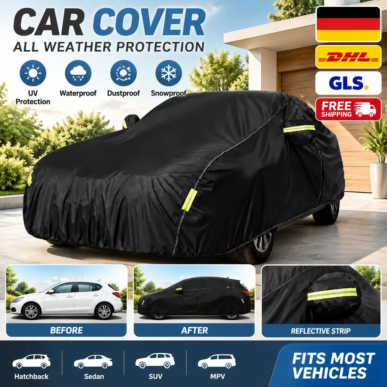 Telo Copriauto Esterno Completo Nero, Protezione Antipolvere e Parasole con Strisce Riflettenti, Universale per Hatchback, Berlina e SUV