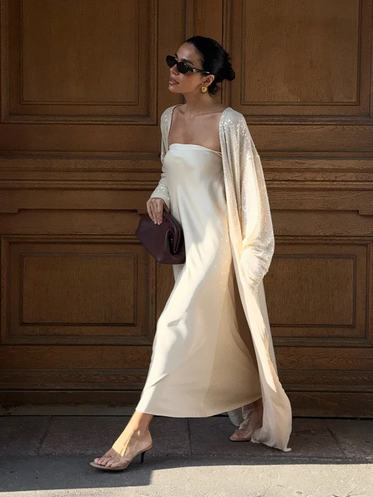 

Fashion Sequins Long Shawl Outerwear Satin Sleeveless Maxi Dress Two-piece Elegant Loose Vestidos Suit New Autumn Street Outfit