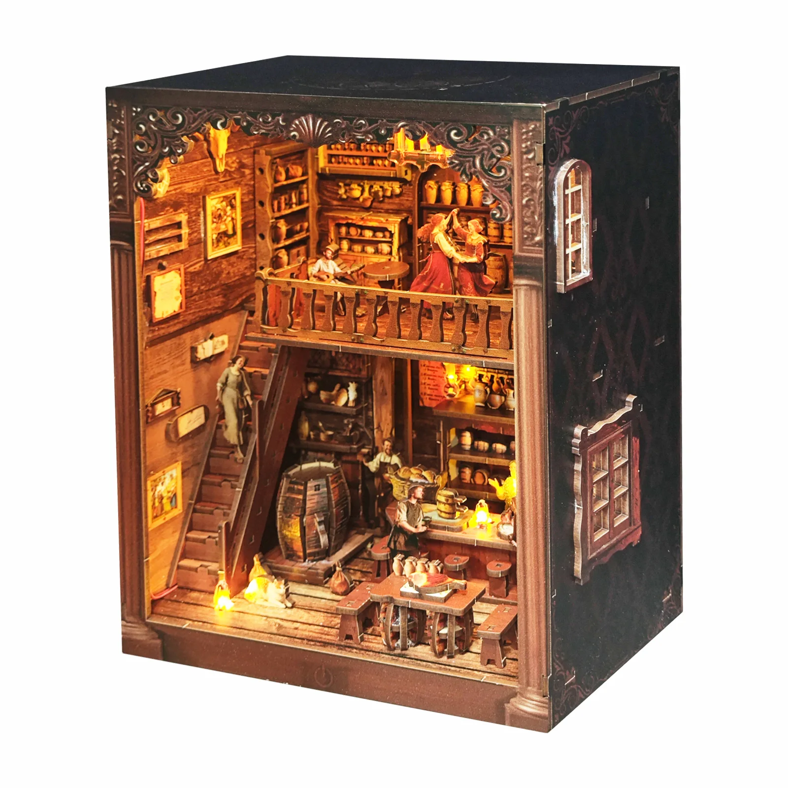 DIY Book Nook Wooden Miniature Model Kits Old Times Tavern Bookend 3D Puzzle with LED Light Bookshelf for Friends Birthday Gifts