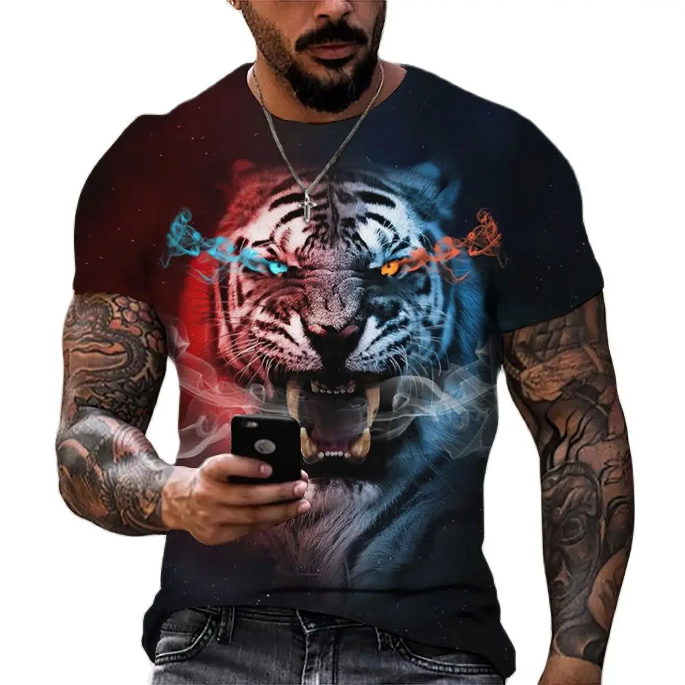 Tigre de combate animal besta feroz leão/leopardo impressão 3d camiseta masculina de manga curta topos de grandes dimensões camisetas camisa