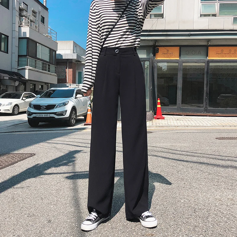 High Waist Wide Leg Pants Women's Loose Floor Length Versatile Slimming Straight Cut Korean Style Commute Pure Color Skirt