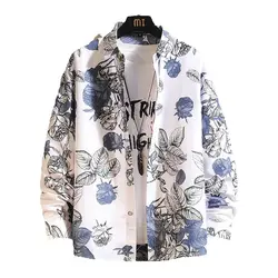 Vintage Print Shirts Men's Autumn Fashion American High Street Harajuku Couples Teens Cozy Youthful Trendy All-match Loose Shirt