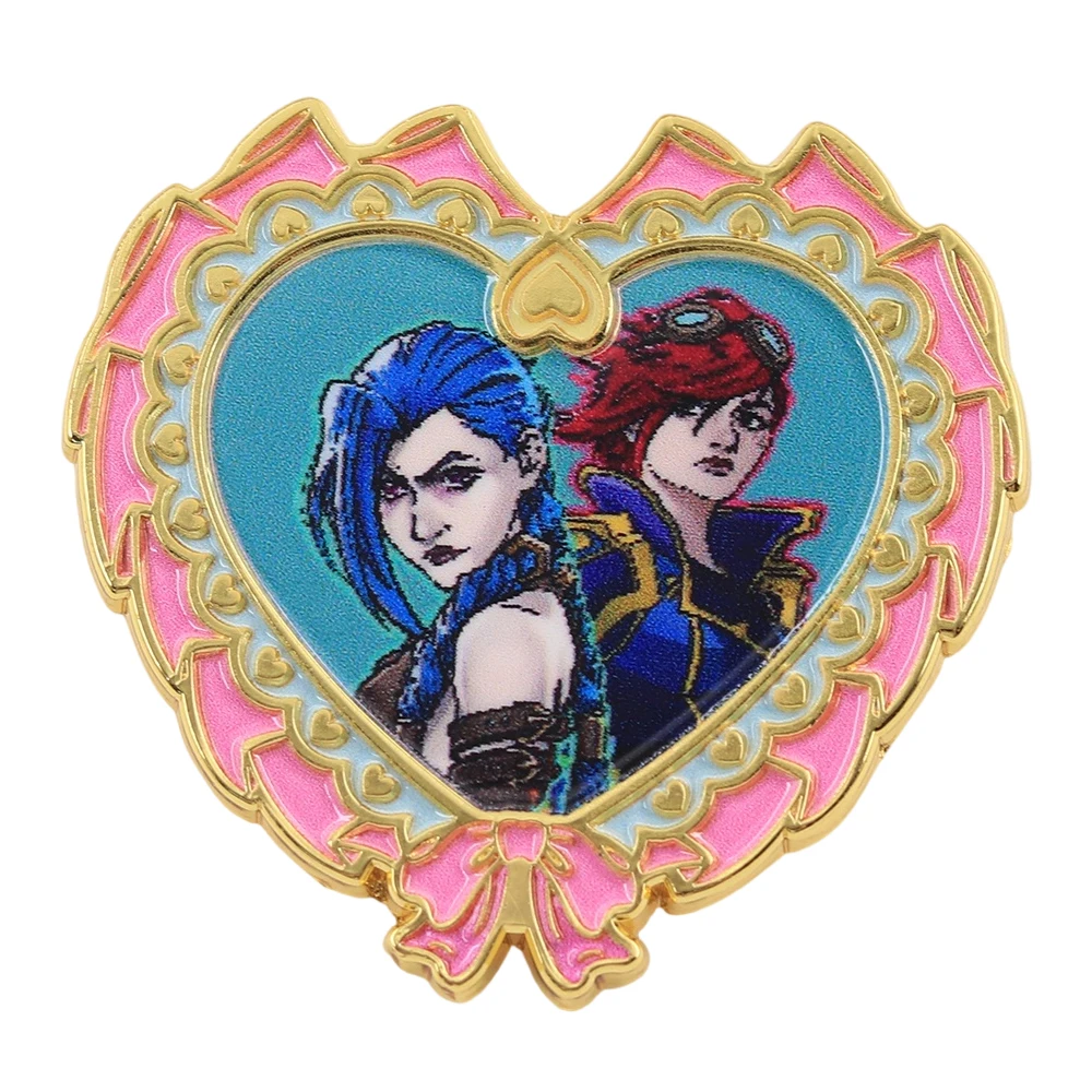 Runaway Loli Jinx And Fist Girl Vi Bow Heart Enamel Pin Video Game Character Peripheral Cute Playful Jewelry Gamer Gift Collect