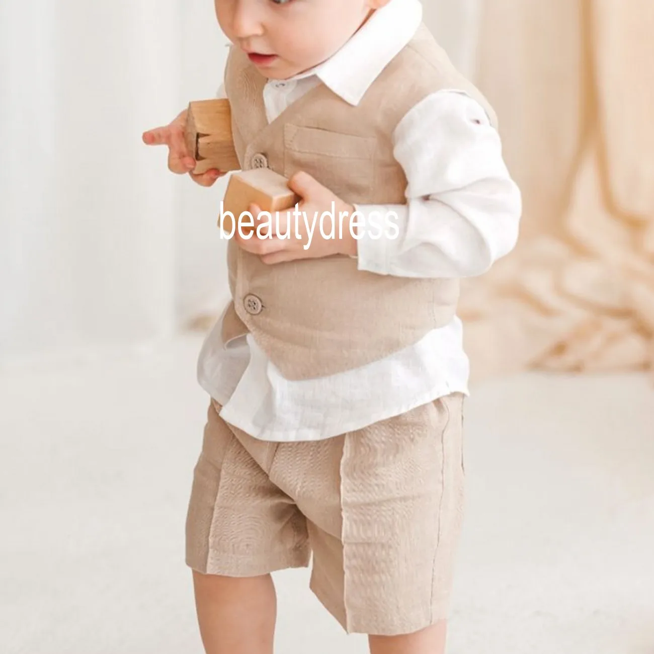 Page Boys Short Linen Suits For Beach Hobo Wedding Clothing Kids Birthday Party Formal  Outfits Sets Ring Bearer  (Vest +Pants))