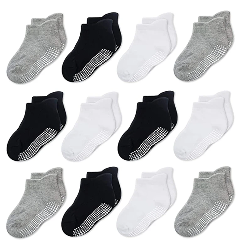 12 Pairs Basic Black, White and Grey Children's Socks, Adhesive Anti-Slip Socks, Baby Walker Socks, Boys' Socks and Girls' Socks