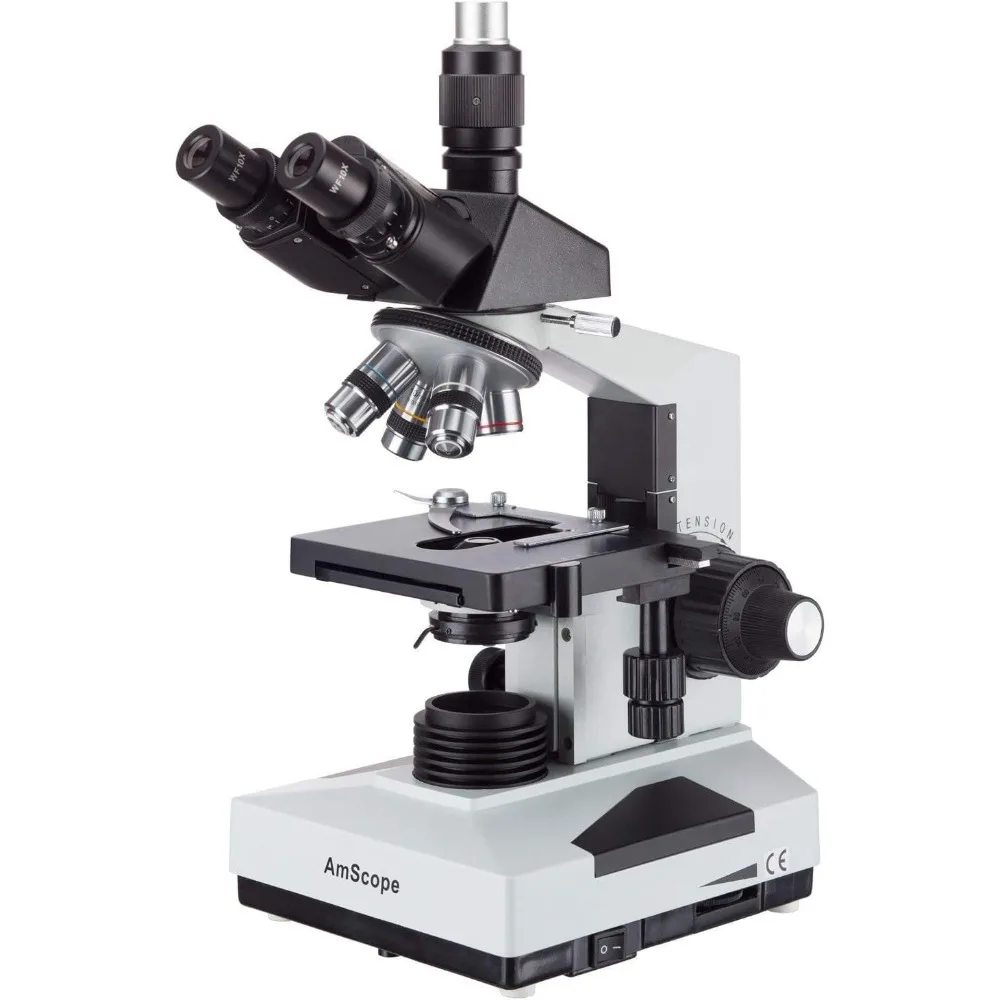 T490B Compound Trinocular Microscope, 40X-2000X Magnification, Halogen Light, Abbe Condenser, 2-Layer Mechanical Stage