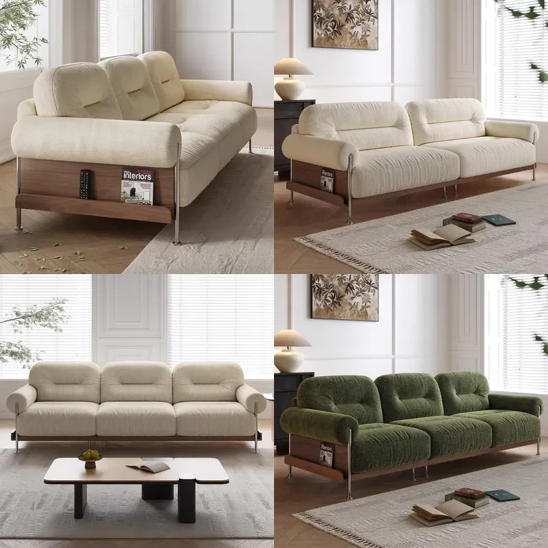 French Retro Chenille Straight Sofa Removable Washable Cover Cream Mid Century Style Compact Living Room Furniture for Small