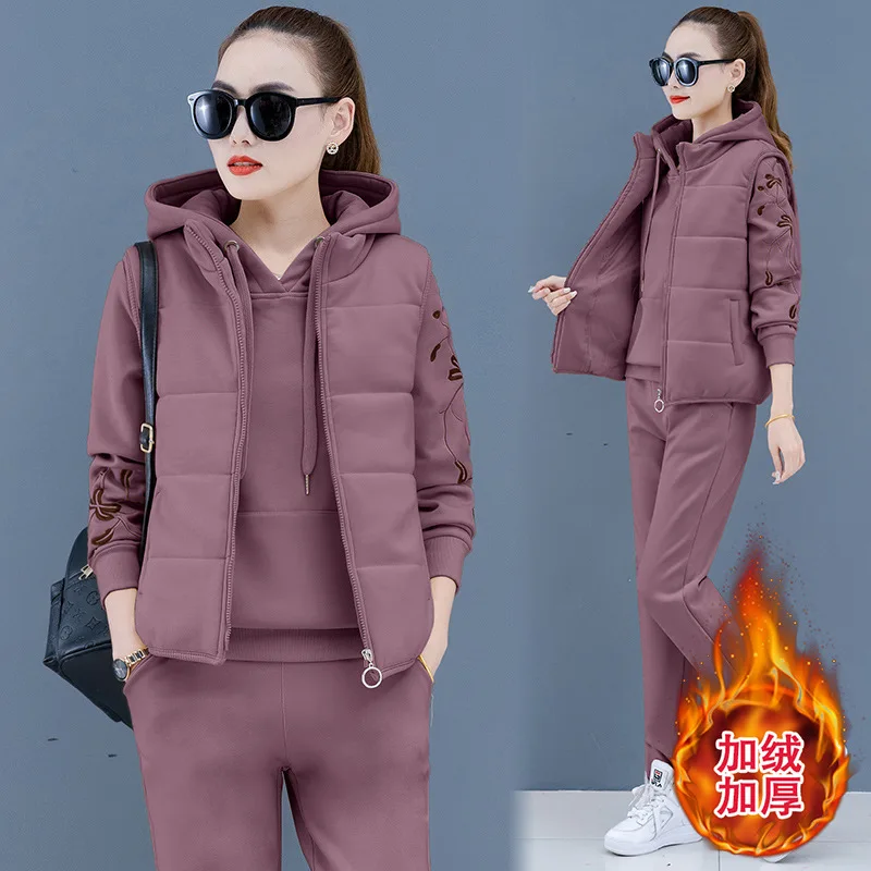 4XL Winter Women Sportswear Tracksuit Thick Fleece Warm Hoodie Sweatshirt+vest+pant Running Jogger Fitness Casual Set Sport Suit