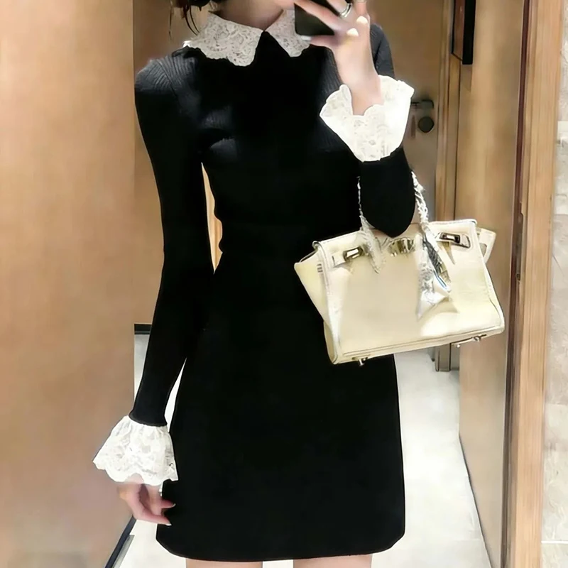 

Korean Lace Patchwork Knit Dress Women Long Sleeve Elegant Sweet Slim Dress Harajuku Y2K Turn Down Collar Party Night Vestidos