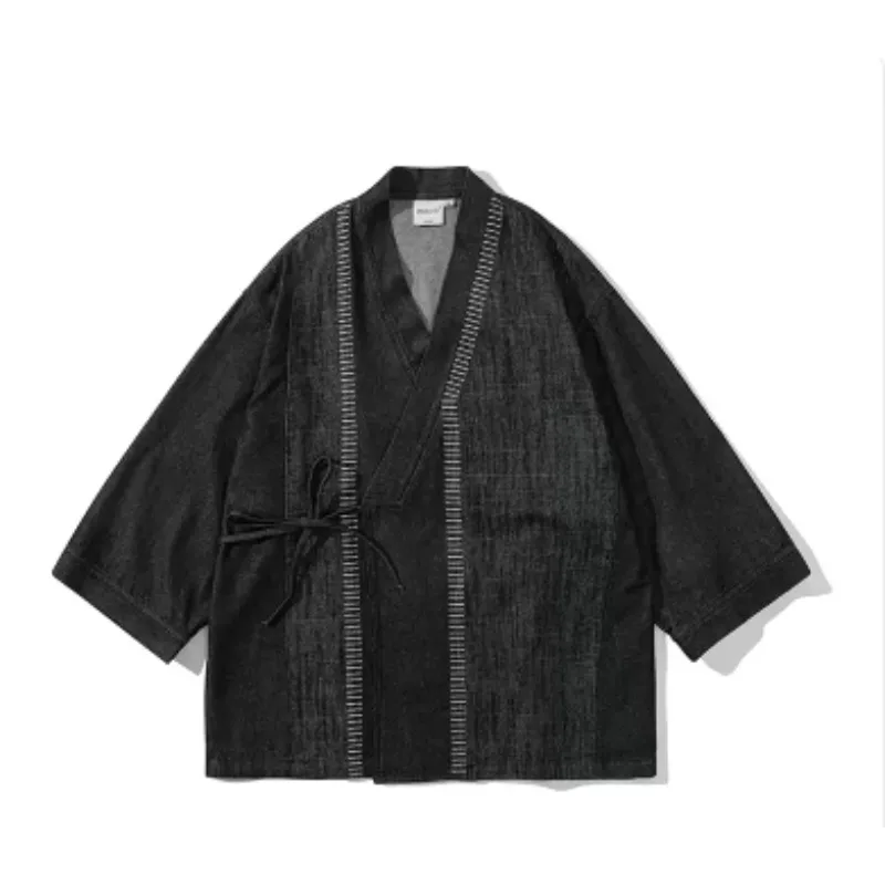 Japanese Style Denim Kimono Cardigan Men Summer Patchwork Sashiko Embroidery Haori Jacket Vintage Harajuku Loose Noragi Shirt