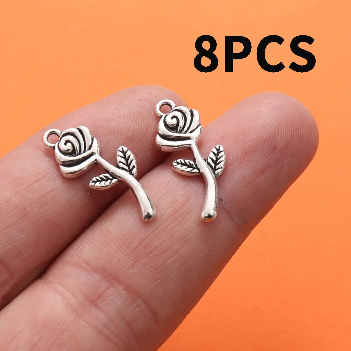 8 Pieces of Long-Stemmed Rose Pendants with Branches and Leaves, Single-Stem Rose Flower Pendants, Suitable for DIY Bracelets, Necklaces, and Earrings, Vintage Artistic Handmade Beaded Jewelry Accessories