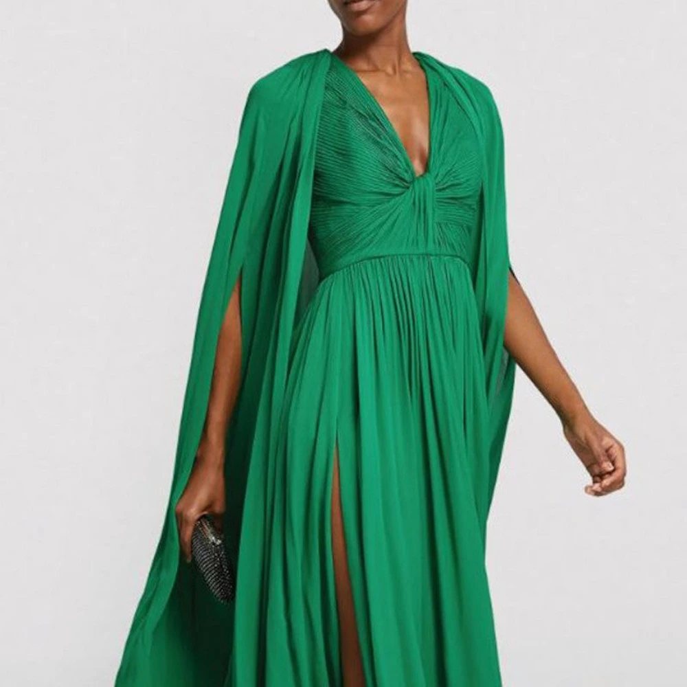 

Muloong Green Deep V Neck Midi Dress Pleated Floor Length Classic Luxury Evening Dress Cape Sleeves Prom Gown With Shawl