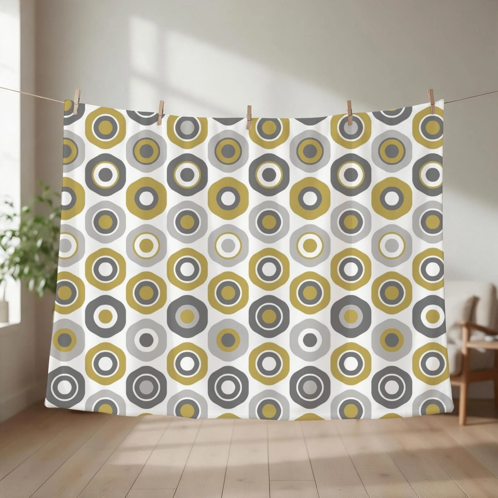 Buttons Geometric Honeycomb Pattern in Gray and Burnished Gold Throw Blanket couch cozy soft plush fuzzy picnic outdoor blanket