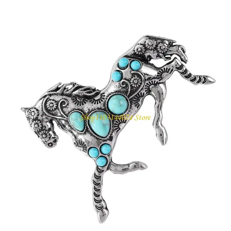N5KE Stylish Horse Brooch Pin Incorporating Simulated Turquoise Design Excellent Choice for Gifting on Special Event