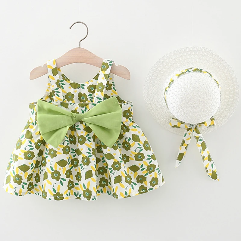 2Piece Summer Newborn Girl Clothes Korean Cute Bow Flowers Sleeveless Cotton Toddler Princess Dress+Sunhat Baby Dresses BC178
