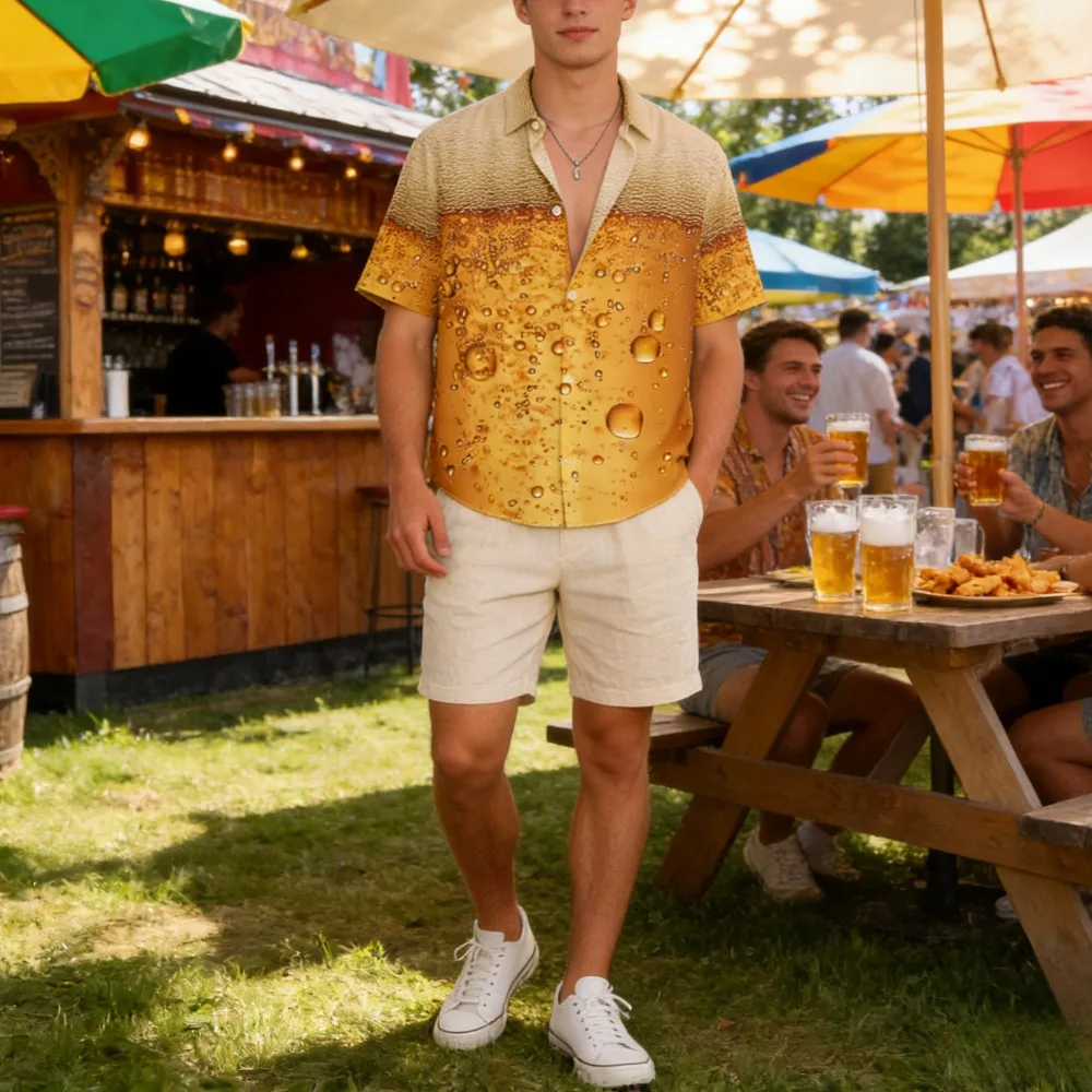 Novelty Men's Beer Themed Casual Shirt 3D Bubbling Foam Pattern Short Sleeve Breathable Loose Fit Top for Outdoor Festival