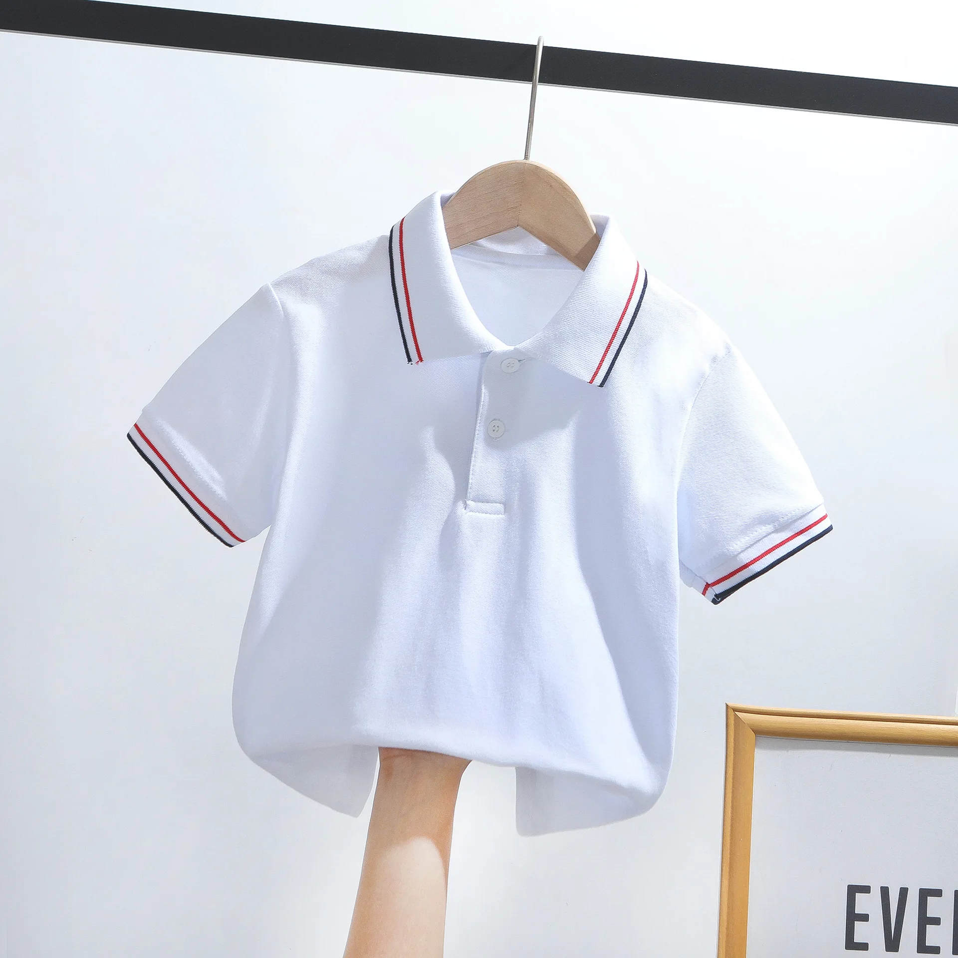 Children's polo shirt, short sleeved, elementary school uniform, summer, middle-aged, adult size, white collar T-shirt, school o