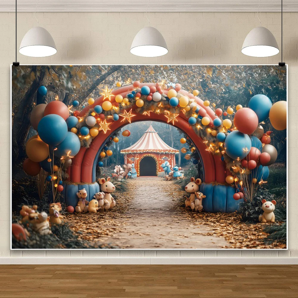 魔法のサーカス象の写真の背景、野生動物のアーチの風船、新生児の出生前のパーティー、ケーキクラッシュ、ポスターの背景