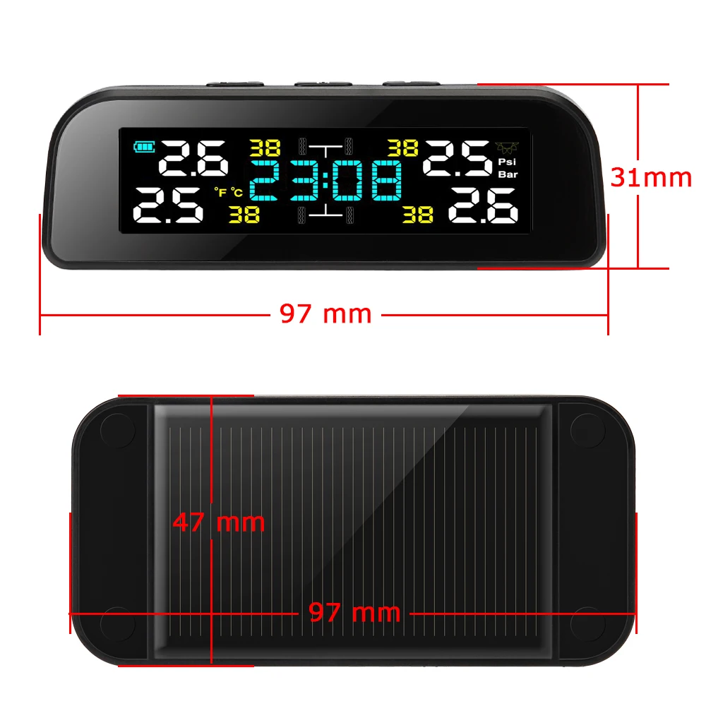 Solar Tire Pressure Monitor System Automobile Tire Pressure Alarm 360 ° Rotatable Tire Pressure Monitoring Temperature Warning