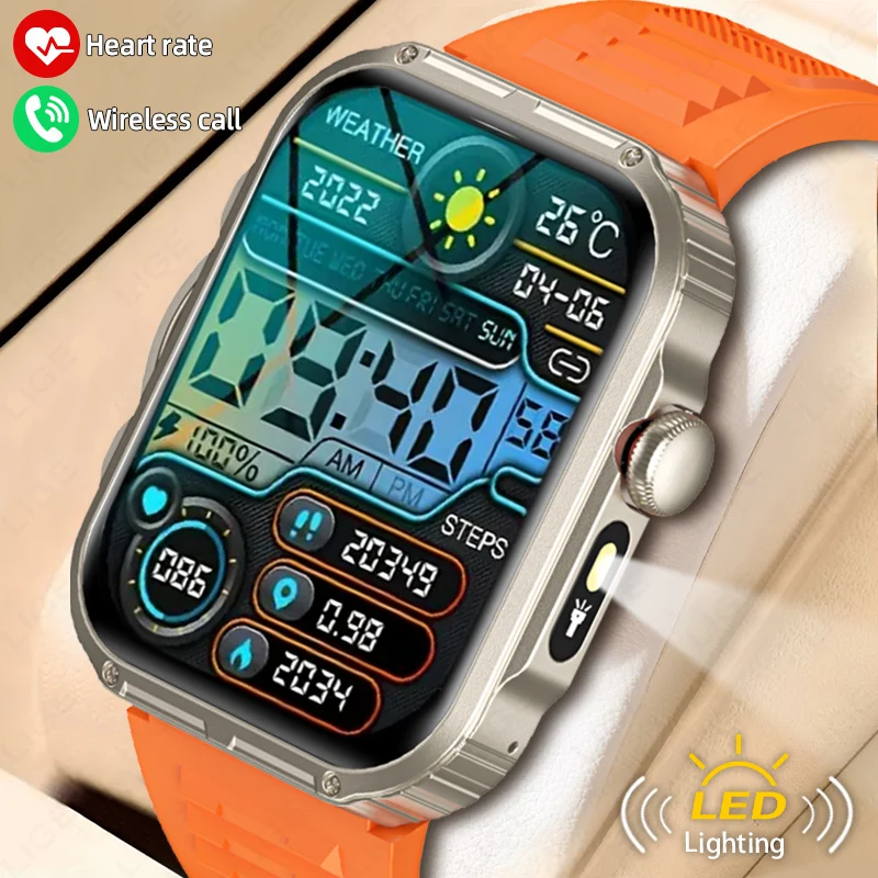 

LIGE Flashlight Smartwatch Men Sport Heart Rate Health Monitoring 2.01" HD Bluetooth Call Outdoor Fitness Waterproof Smart Watch