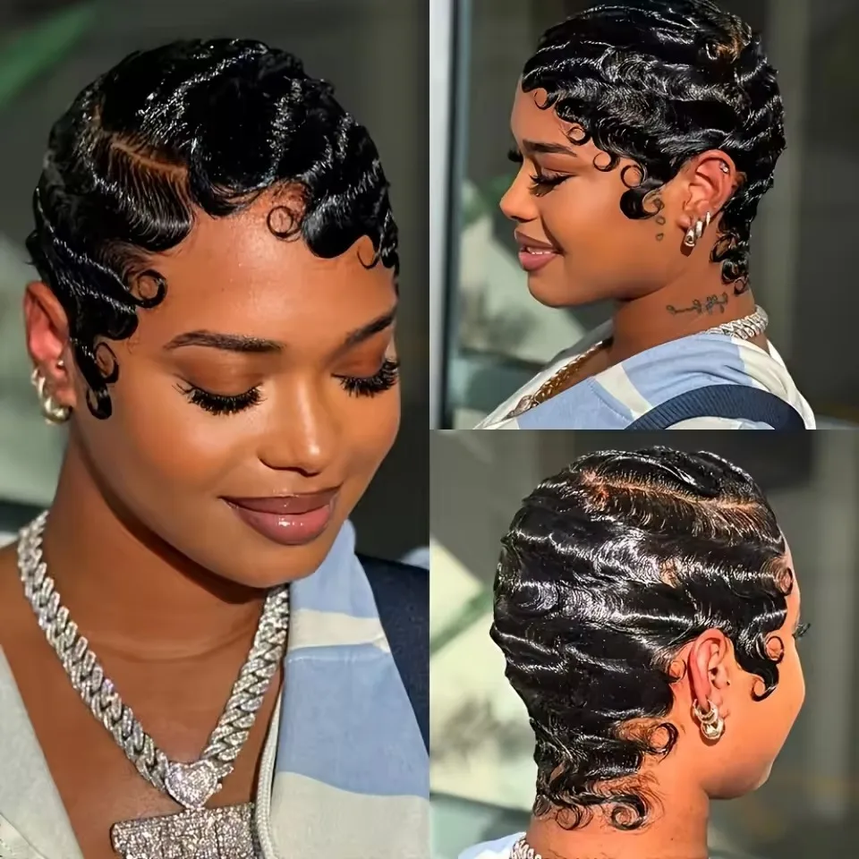 أسود 5 بوصة ريترو أنيق عابث قطع موجات الأصابع الباروكات شعر الإنسان 100% طبيعي واقعي متشابكة خالية آلة كاملة مصنوعة للنساء