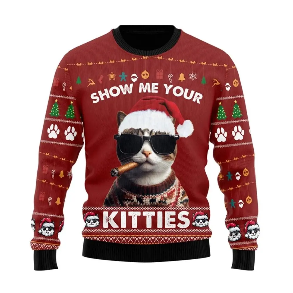 New Winter Men's Fashion Sweater with Funny Christmas Cat Pattern 3D Printed Ugly Sweater Neutral Street Casual Sweater K0196