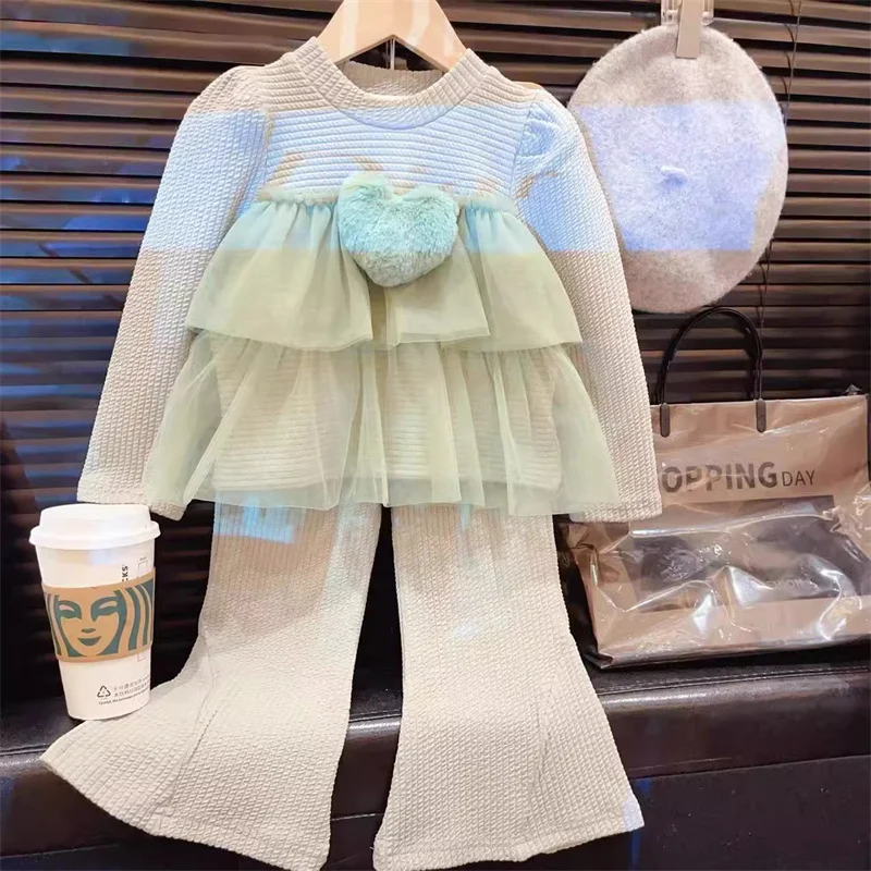 Baby Girl Sets Children's Mesh Suit Autumn Sweet Outfit Kids Long-Sleeved Top Flared Pants 2 Pieces New Fashion Clothes 12M-10Y