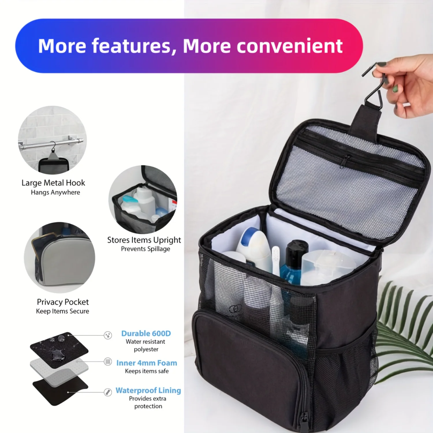 Portable Large Capacity Toiletry Bag With Metal Hook, Travel  Bag, Breathable Mesh Hanging Cosmetics