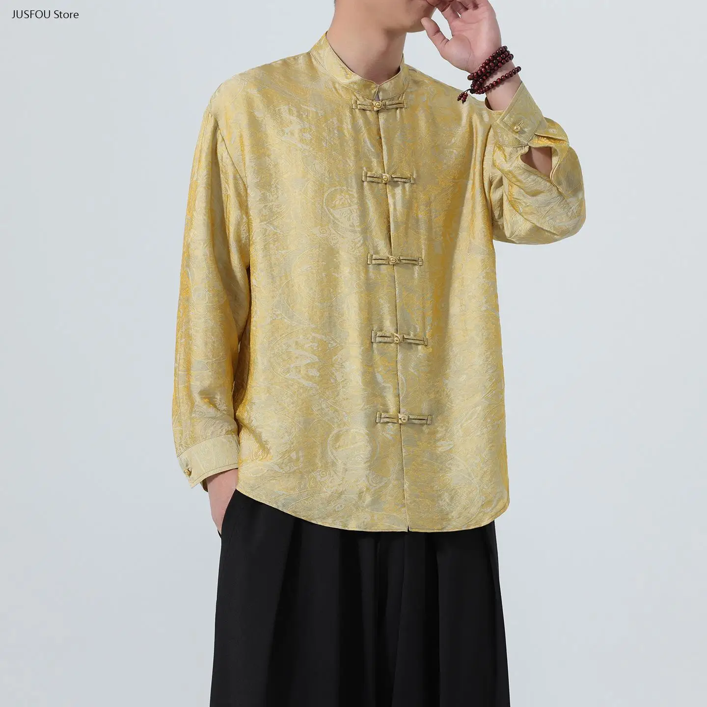2026 Men Chinese Traditional Jacquard Stand Collar Tang Suit Coat Plus Size Loose Long Sleeve Retro Copper Buttons Casual