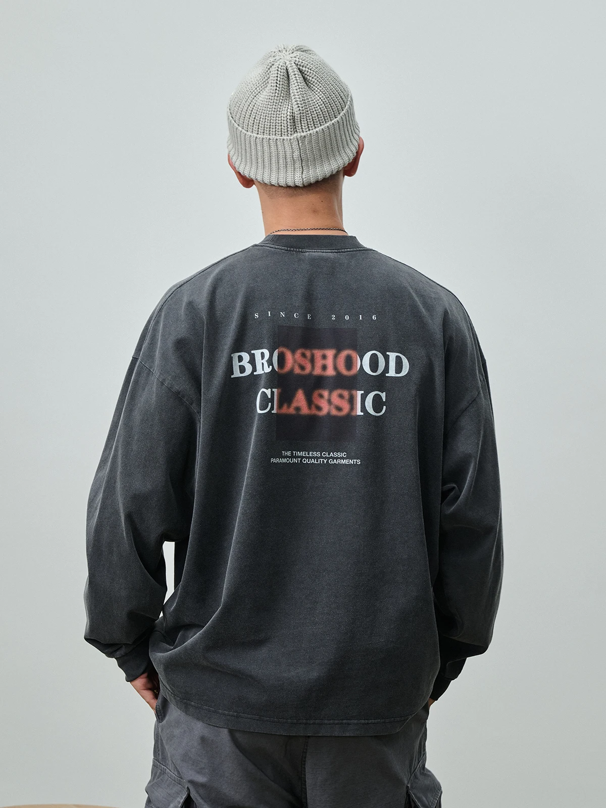 Broshood Loose Fit Long Sleeve T-Shirt Sand Washed Printed Crew Neck Japanese Style Youth Fashion Cotton Tee Citywalk Suitable