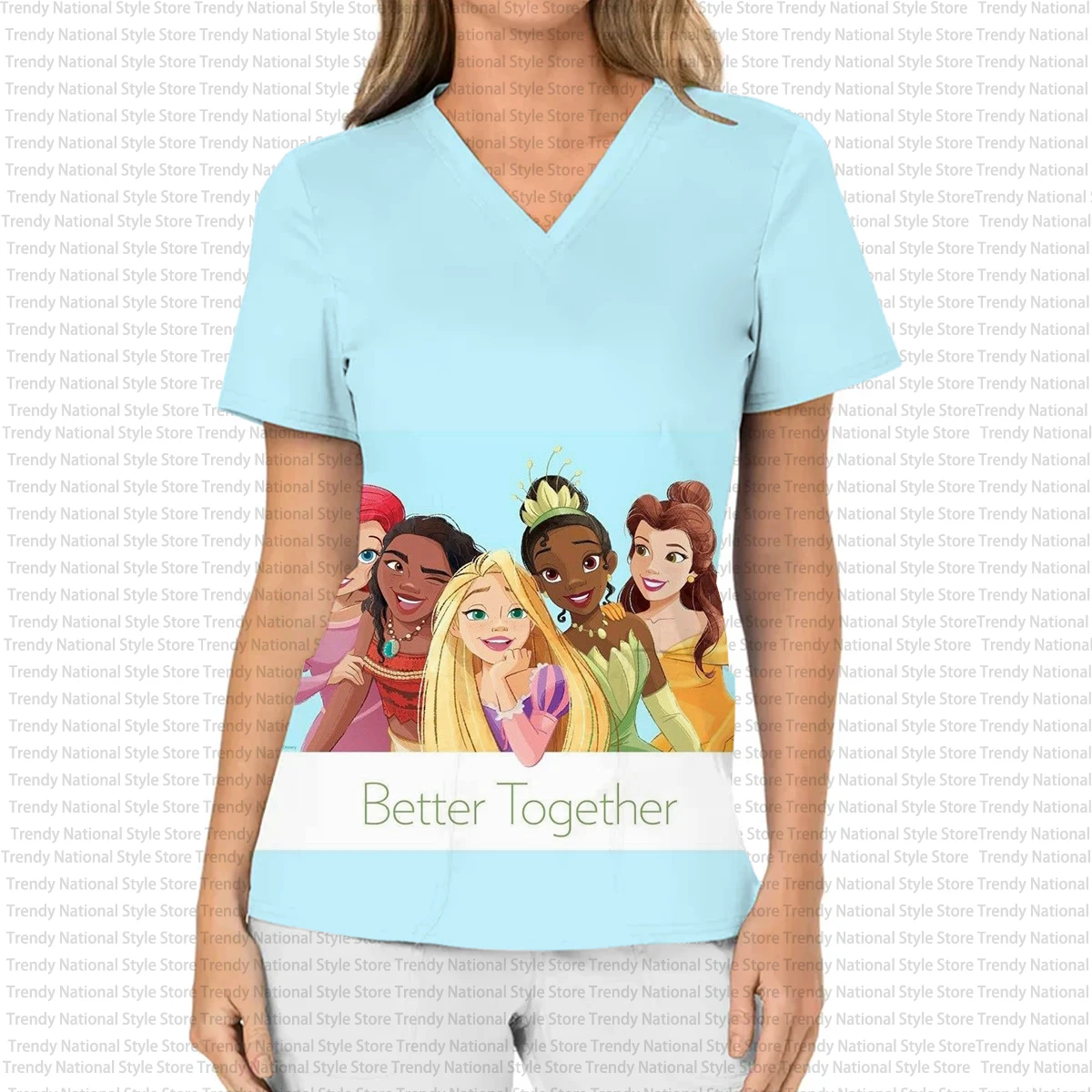 Summer New Arrival Women's Work Nursing Uniform Disney Princess Kaii Print V-Neck Pocket Frosted Top Dental Pet Shop T-Shirt