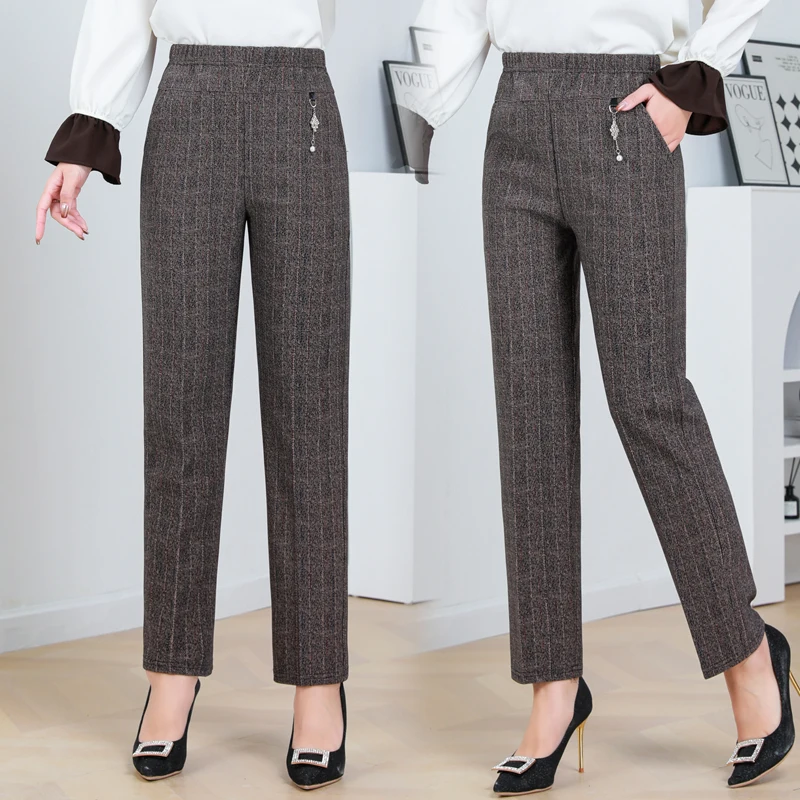 بنطال نسائي من صوف الضأن بساق مستقيمة ، خصر مرن ، شريط أحادي اللون ، بنطال نسائي فضفاض ، مقاس كبير ، خريف ، شتاء ، جديد ، 8 × لتر #6