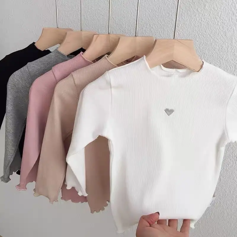 Girls Ribbed Long Sleeve Top Heart Embroidery Wavy Edge Crew Neck Kids Basic T-shirt