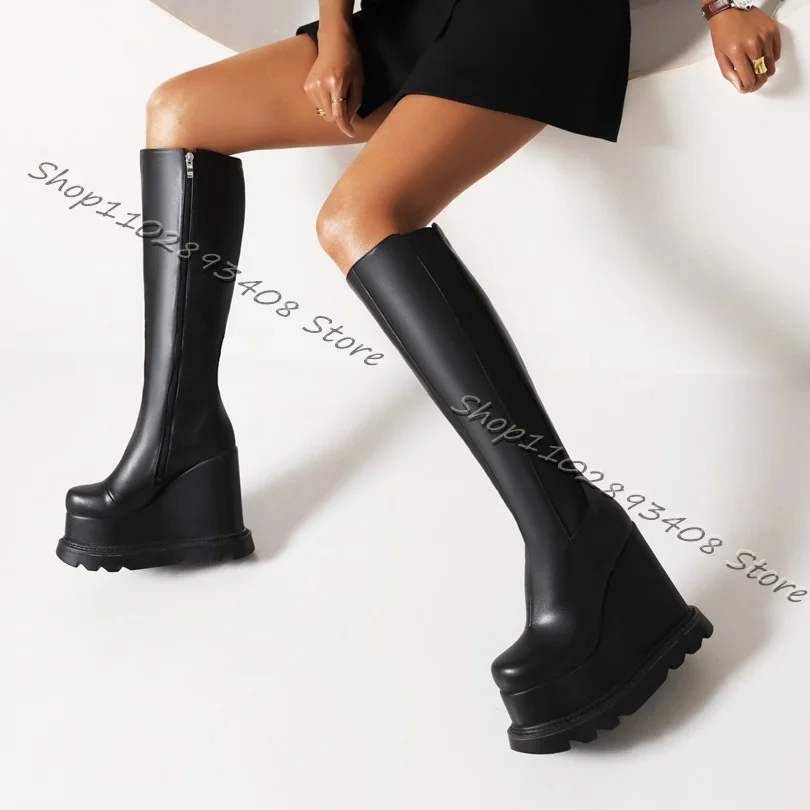 Botas de Caballero de empalme de plataforma blanca para Mujer, zapatos de cuña con cremallera lateral, tacones de punta redonda, diseño de moda, Primavera