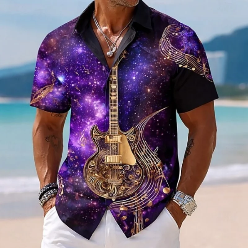 

Guitar pattern men's short sleeved lapel shirt, button design, digital printing, casual and comfortable, fashionable dressing